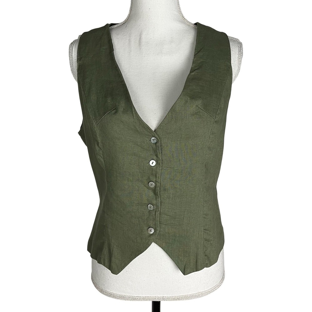 Amazhiyu Pure Linen Sleeveless Button Down Crop Top V Neck Waistcoat Vest Size M